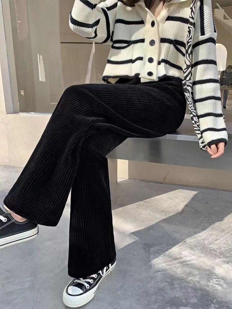 Otoño invierno 2022 pantalón de pierna ancha mujer casual holgada cintura alta con sensación de caída pantalón mop con fleece y espesor negro apricot pantalones rectos mujer pic 8
