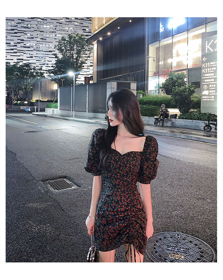 连衣裙御姐轻熟风女夏季泡泡袖碎花裙方领包臀裙设计感小众裙子潮详情7