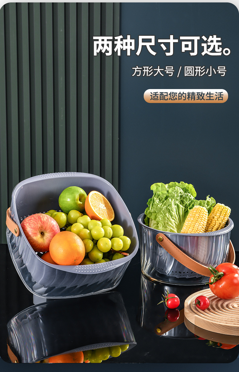 新款透明双层镂空沥水篮大号手提洗菜篮厨房洗菜盆子果蔬篮详情7