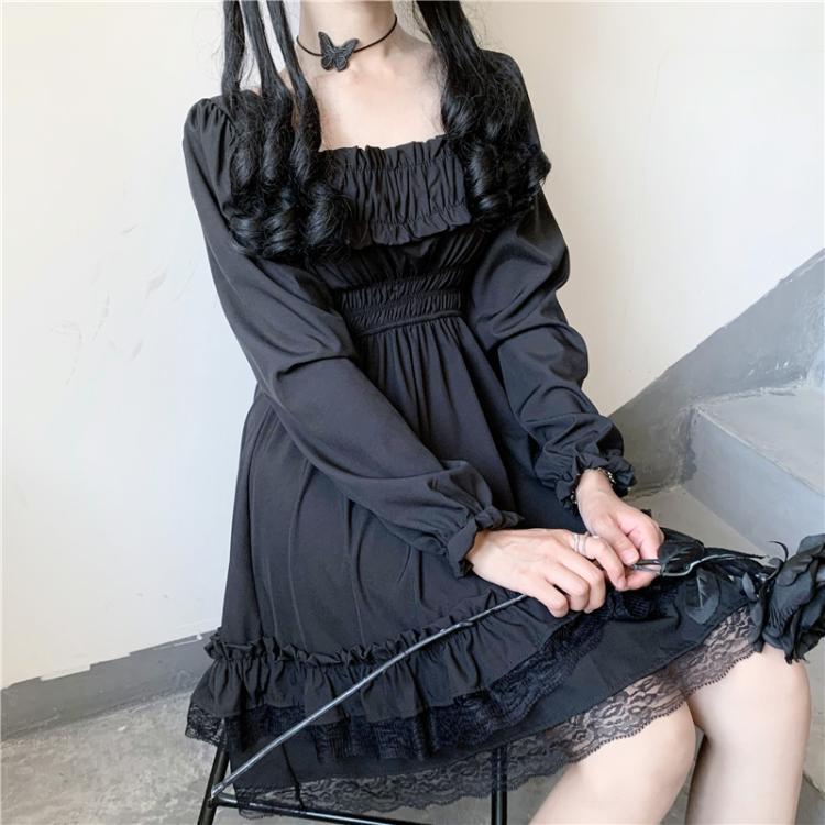 韩风chic复古暗黑系少女宽松蕾丝花边显瘦方领长袖泡泡袖连衣裙女详情2