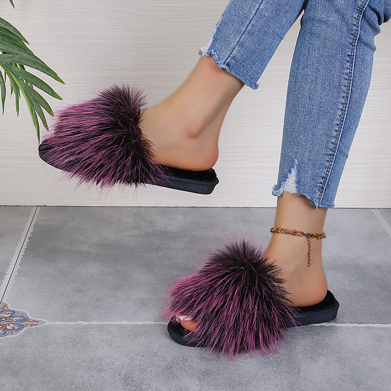 2024新款长毛绒拼色平底毛毛拖鞋女秋冬居家室内地板拖外贸一字拖详情29