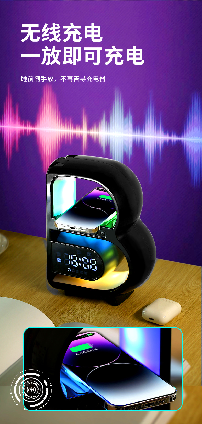 The 2025 new model of the Big B Bluetooth speaker features a high appearance level, wireless charging, clock, seven-color ambient lighting, and subwoofer sound system pic 7
