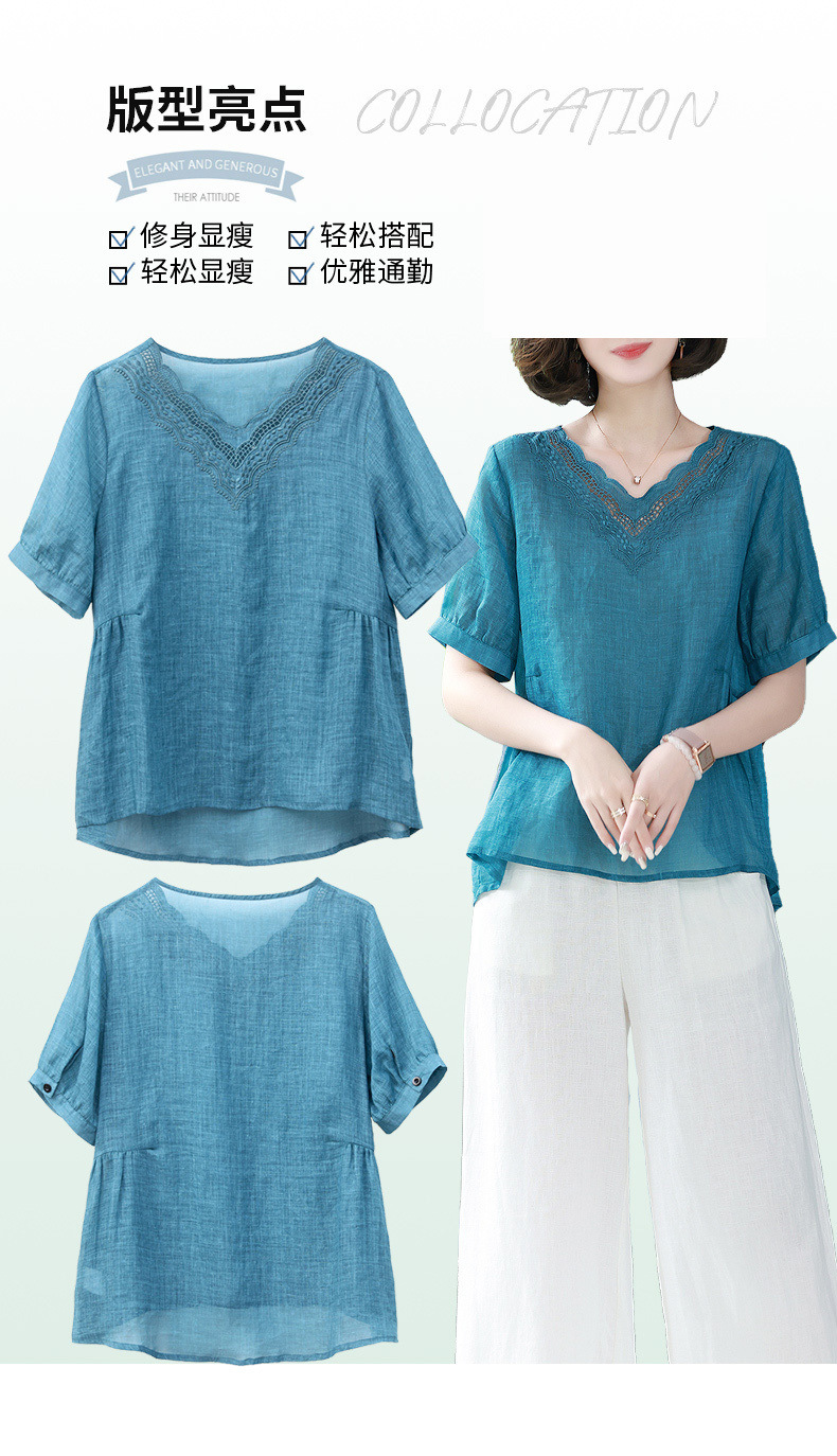棉麻上衣女士短袖妈妈苎麻小衫夏季t恤2022新款休闲宽松亚麻衬衫详情5