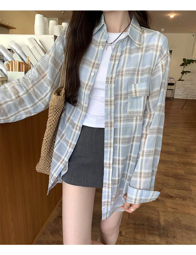 法式设计感小衫蓝色格子防晒衬衫女2024秋季新款女装小清新bm上衣详情21