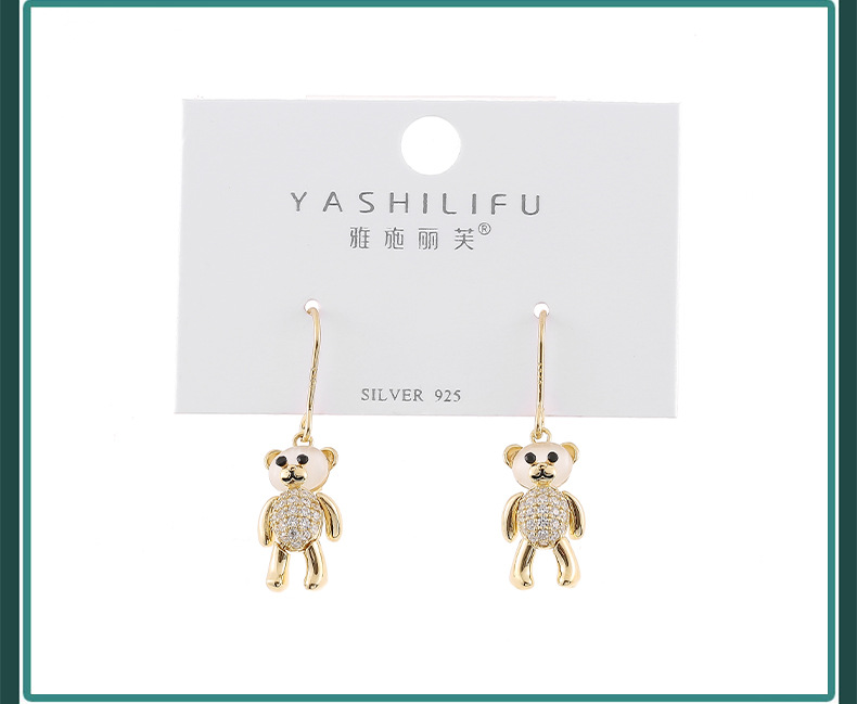 雅施丽芙S925银饰小熊微镶猫眼石锆石可爱精致小清新耳钩耳环女详情8