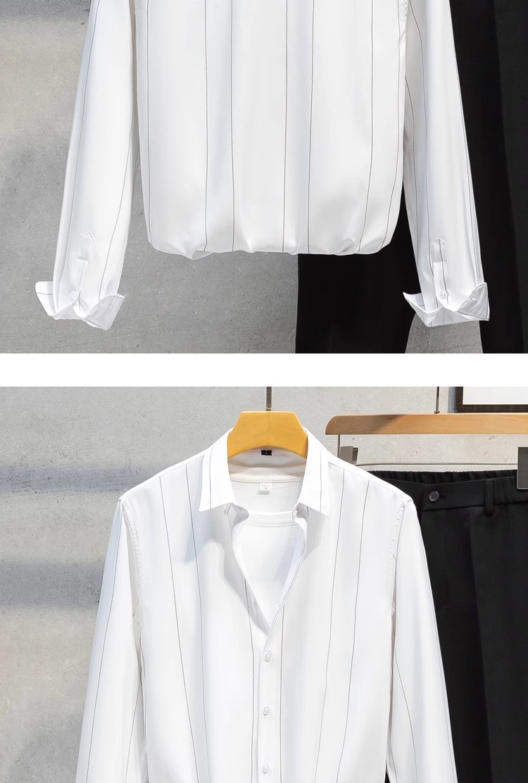 2025 hombre camisa manga larga casual coreano versión tendencia estiramiento delgado hermoso blusa blanca rayas top cool pic 9