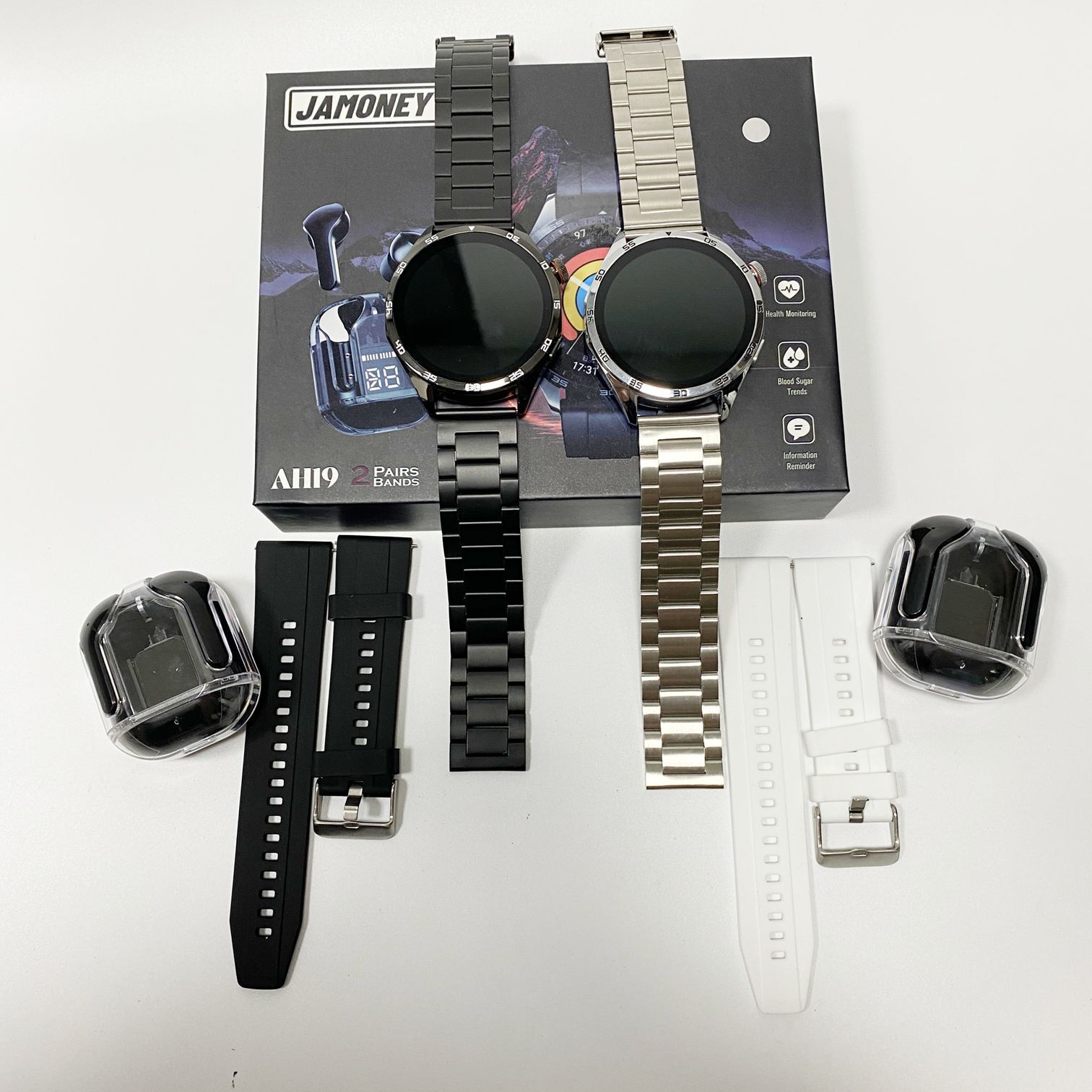 跨境电商AH19智能手表套盒圆盘蓝牙手表+透明1代耳机运动心率血压详情11