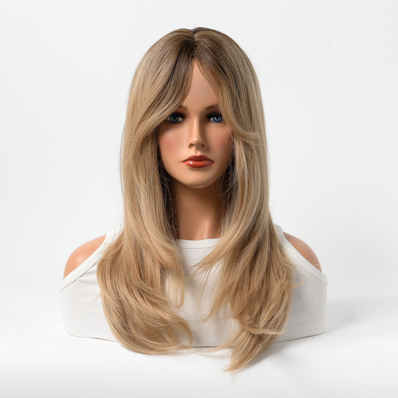 Длинные текстуры в середине осьмированной челки, прямые волосы Wigs, европейский и американский фестиваль париков, золотая волоконная головка pic 2