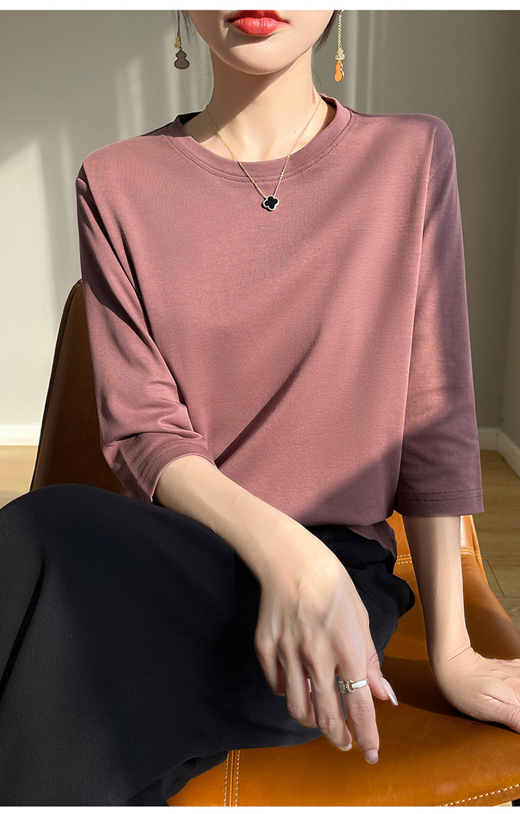 圆领丝光棉七分袖t恤女2024春夏新款气质百搭棉线打底衫半袖女详情32