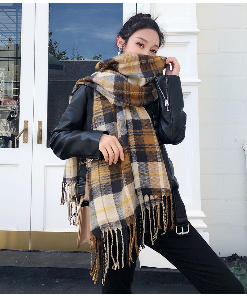 New Korean style checkered scarf for women in autumn and winter, versatile faux cashmere tassel shawl, thick and warm winter scarf wholesale pic 27