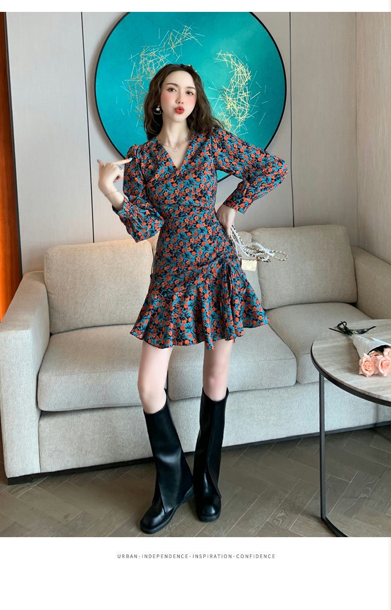 法式碎花V领长袖连衣裙女秋装纯欲风修身性感包臀裙打底辣妹短裙详情18