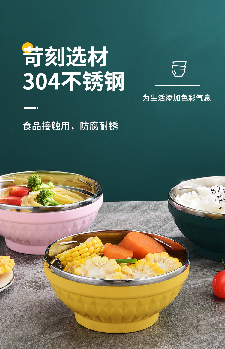 Large-capacity 304 stainless steel bowl, student Nordic colorful bowl, double-layer heat-insulating soup bowl, household cafeteria rice bowl and soup basin pic 7