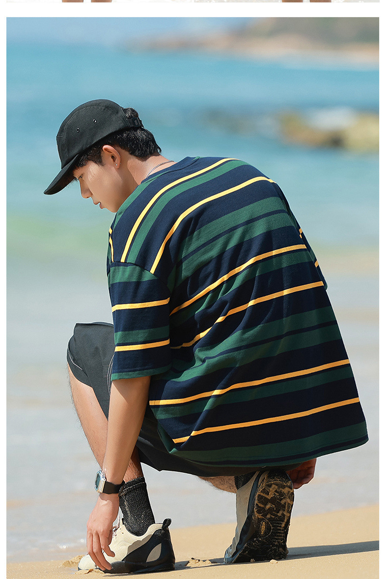 短袖男夏季纯棉条纹男装情侣潮牌衣服宽松重磅体恤外套ins男士t恤详情22