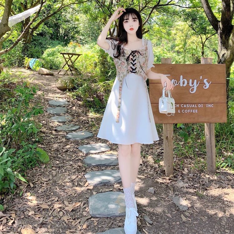 大码法式气质设计感假两件连衣裙女夏季初恋甜美泡泡袖衬衫长裙子详情11