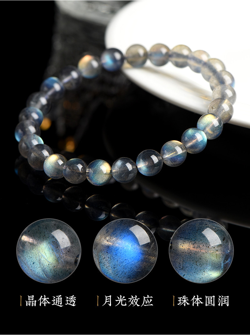 Jiuya Crystal Natural Moonstone Loose Bead Bracelet, Pure Body Color Light Gray Moonlight Elongated Stone Round Bead Bracelet pic 11