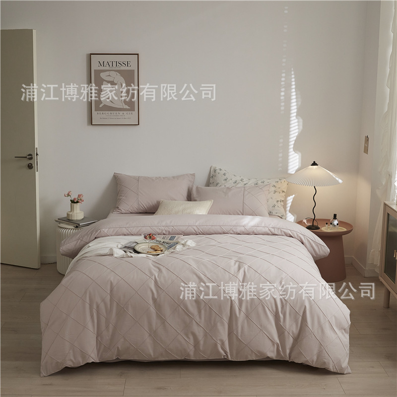 Wholesale of high-quality three or four-piece sets of washed cotton 40-count hand-knitted rhombus-shaped checkered plain pure cotton bedding pic 38