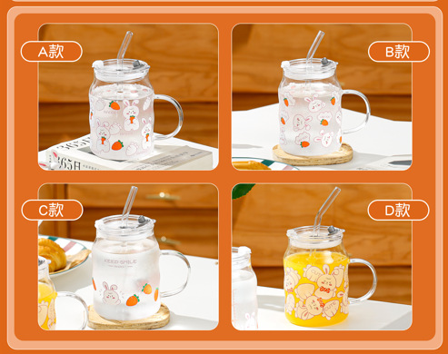 个性家用高颜值卡通可爱兔子萝卜玻璃水杯带盖带吸管学生牛奶杯详情10