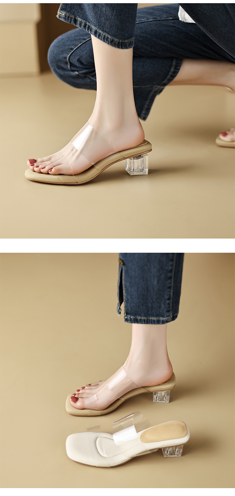 踩屎感~ 透明凉鞋女2024年夏季新款高跟鞋粗跟露趾水晶跟凉拖外穿详情13