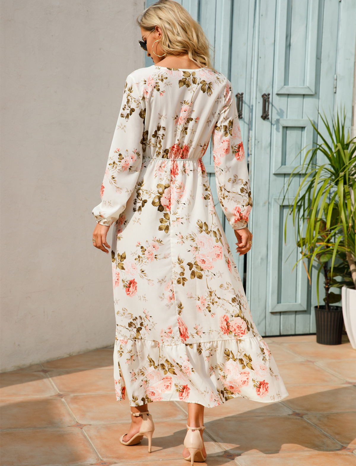 European and American floral long, round-neck, long-sleeved, waist-cinching and slimming dress pic 12