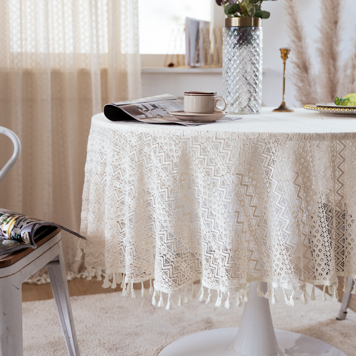 National trend retro hollowed-out lace cover fabric, ins style rectangular white country tablecloth, round table and small round tablecloth pic 18