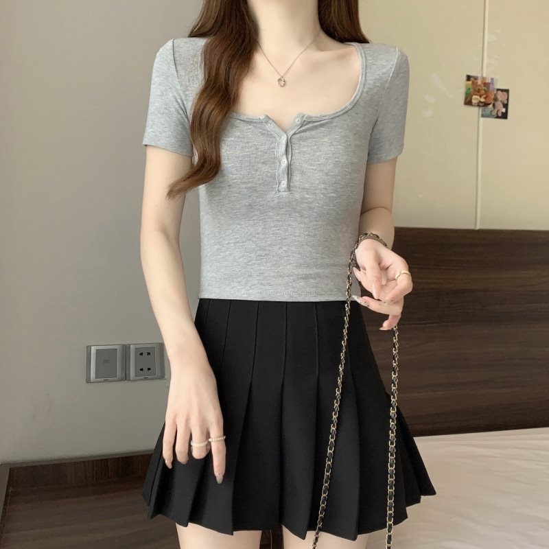 2024 Summer new square-neck button short-sleeved T-shirt for women's home decoration, tall waist, short style, fashionable and versatile, trendy on Instagram pic 25