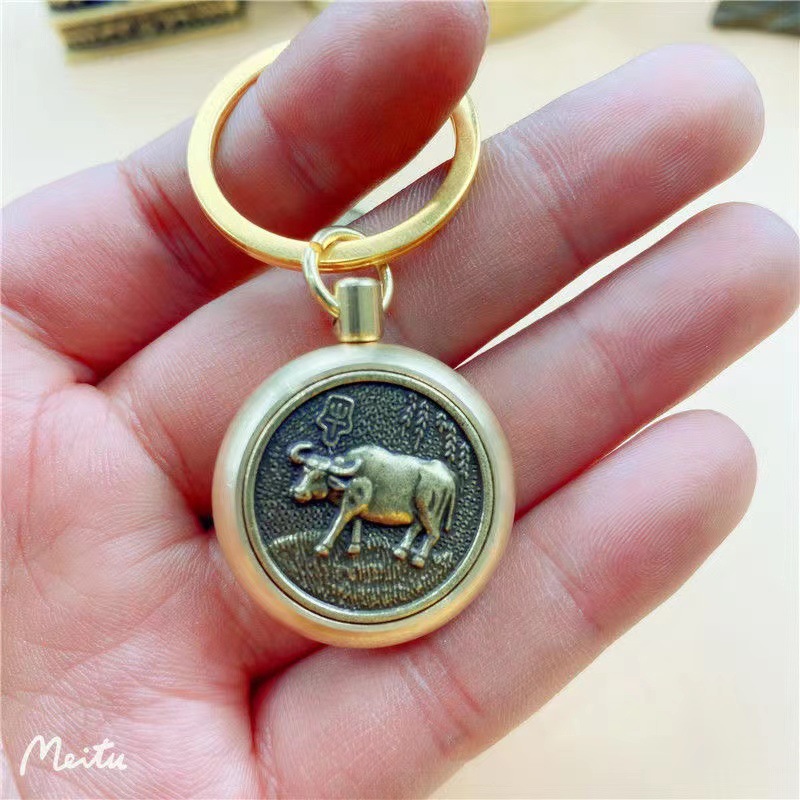 Pure copper retro 12 Chinese zodiac money transfer keychain, handcrafted brass cinnabar handle, car key chain pendant pic 10