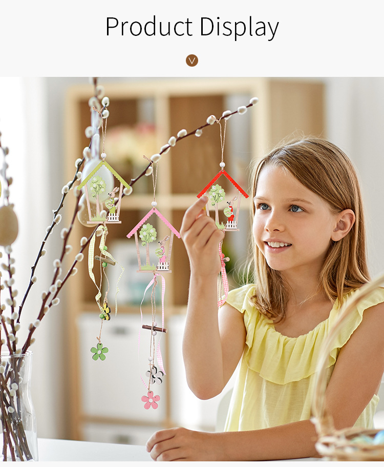 New cross-border Easter decorative items: Earrings, Easter egg house, egg-shaped rabbit wooden pendant, egg-shaped wooden house pendant, exquisite and durable pic 6