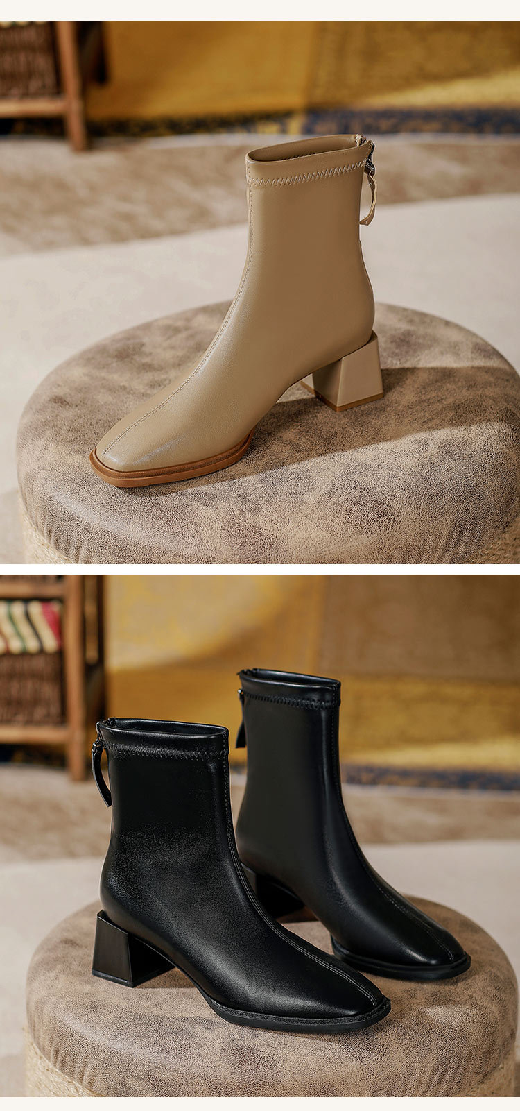 法式高跟短靴2023年新款粗跟时装靴子软皮白色春秋单靴方头瘦瘦靴详情23