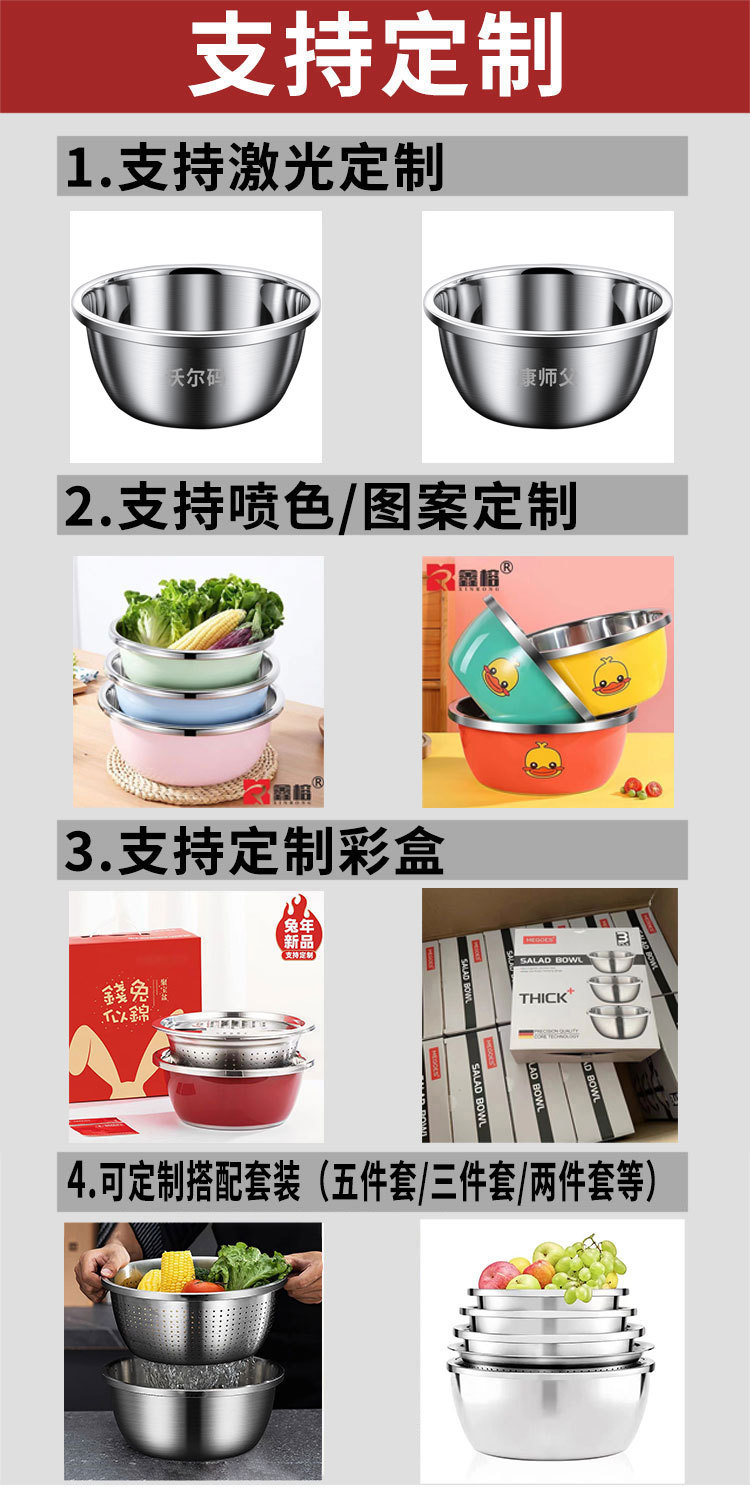 Thickened 304 stainless steel basin, round household soup basin, egg beating basin, noodle basin, food-grade seasoning VAT, vegetable washing basin, kitchen pic 1