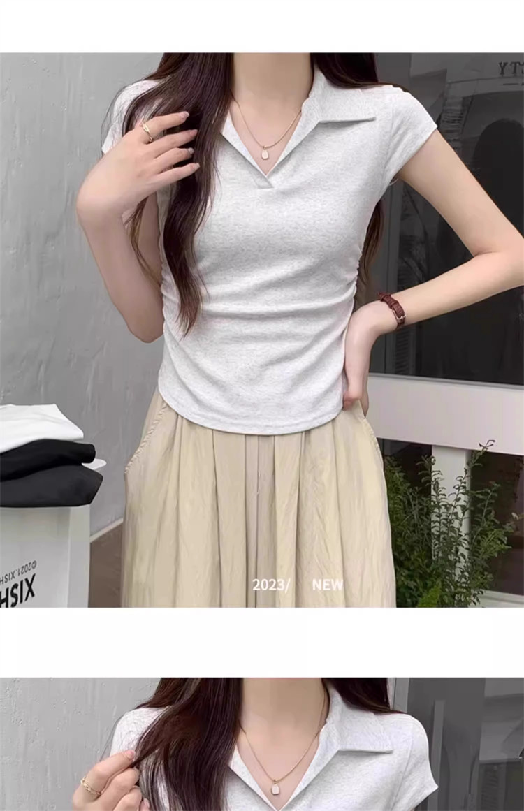 polo collar slimming and form-fitting shoulder T-shirt for women, short sleeve, pure and hot girl, short design with a cinched waist, top for summer pic 31