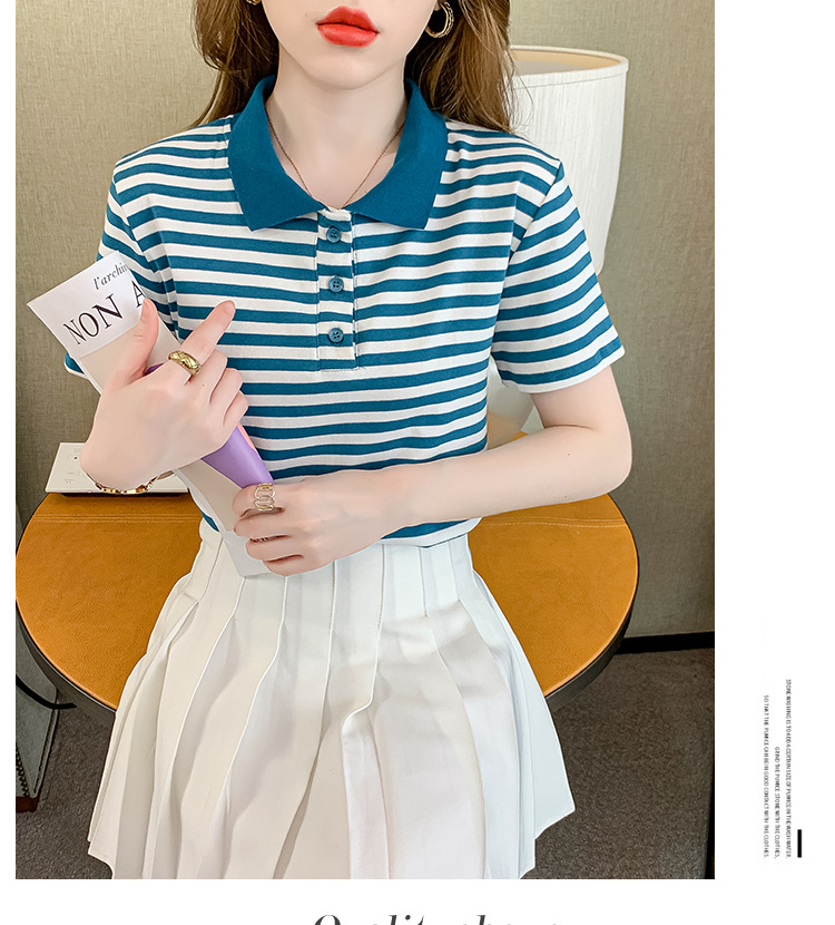 Verano coreano versión rayas mujer commuter patchwork color polo cuello manga corta camiseta mujer diseño sentido moda legging pic 14