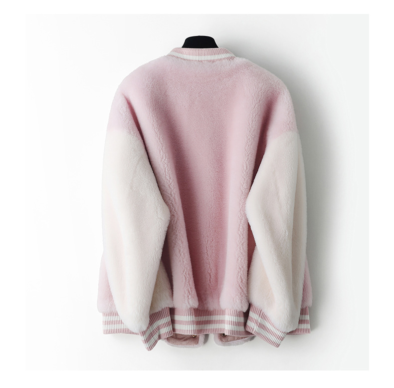 颗粒绒棒球服羊羔毛皮草外套女撞色时尚粉色羊剪绒皮毛一体大衣冬详情19