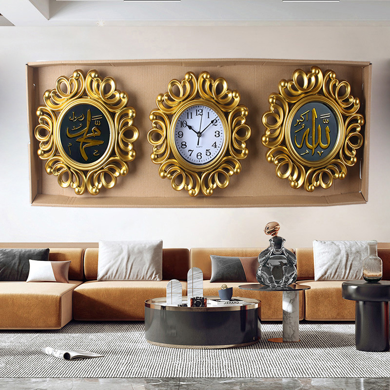 European, American and Arabic gilded living room wall clock, household watch, sofa background wall clock, modern and simple wall clock, three-in-one wall clock pic 1