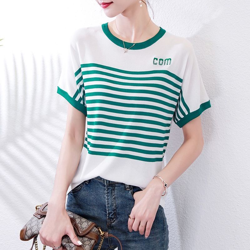 t恤高档夏季女装新款宽松韩版上衣女士针织衫短袖打底衫碎花条纹详情13