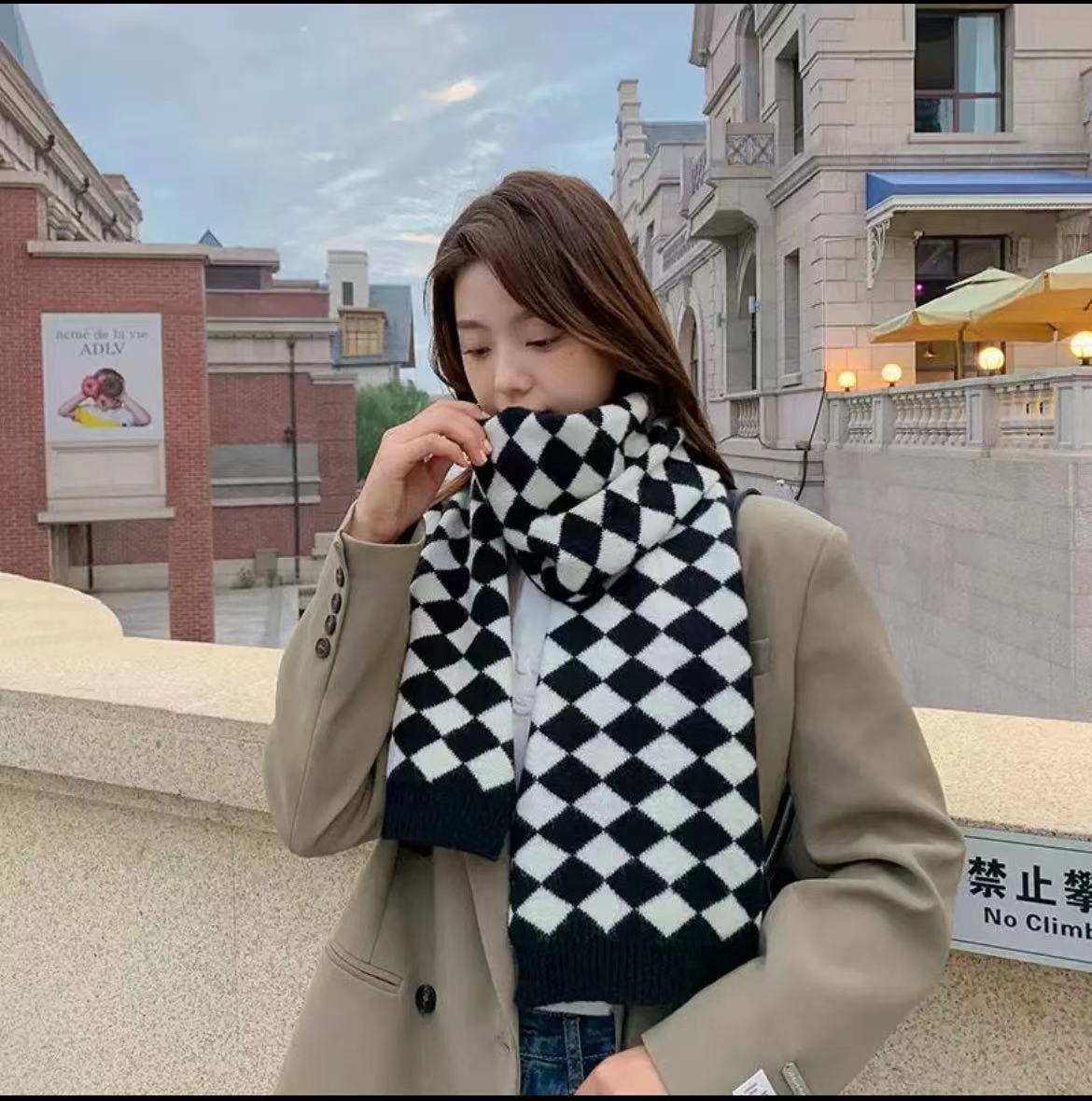 3#【黑米拼黑边-常规款】菱形格子拼接围巾
