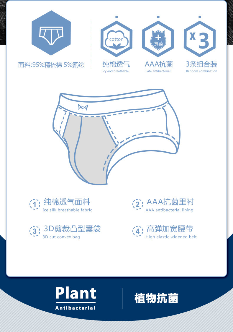 猫人男士三角内裤男纯棉透气男生中腰短裤抗菌裆部三角内裤宽松详情4