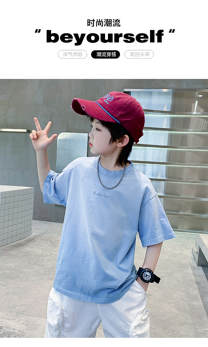 Summer dopamine-gradient short-sleeved T-shirt for boys 2025 New style summer half-sleeved ice-feel top for teenagers and children pic 1