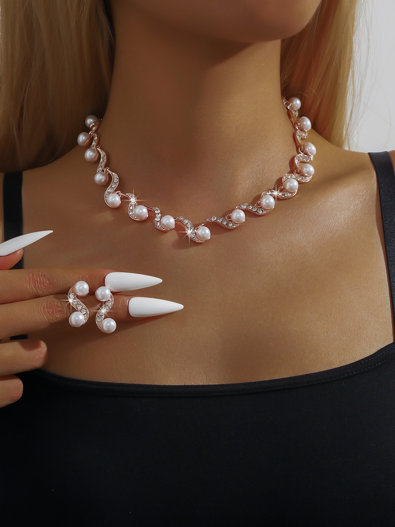 Aliexpress's best-selling exquisite pearl and rhinestone necklace and earring set, simple and versatile collarbone chain, neck chain, evening dress accessories pic 20