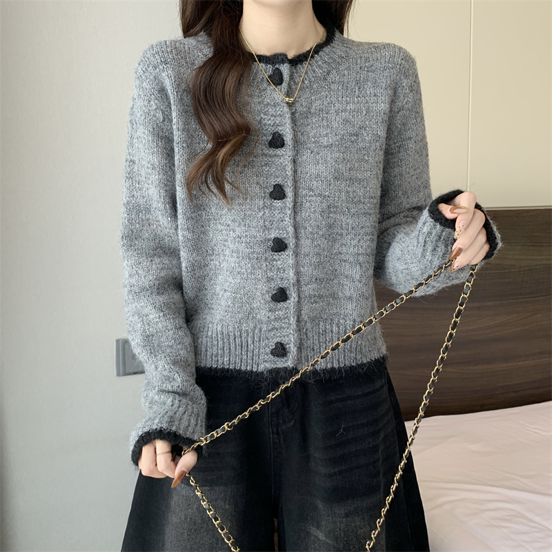 KANING拼色爱心纽扣针织开衫女2025早春新款慵懒风软糯毛衣外套女详情15