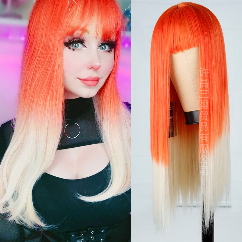 Wholesale of European and American cross-border wigs with straight bangs and long, straight hair made of high-temperature synthetic fiber pic 16