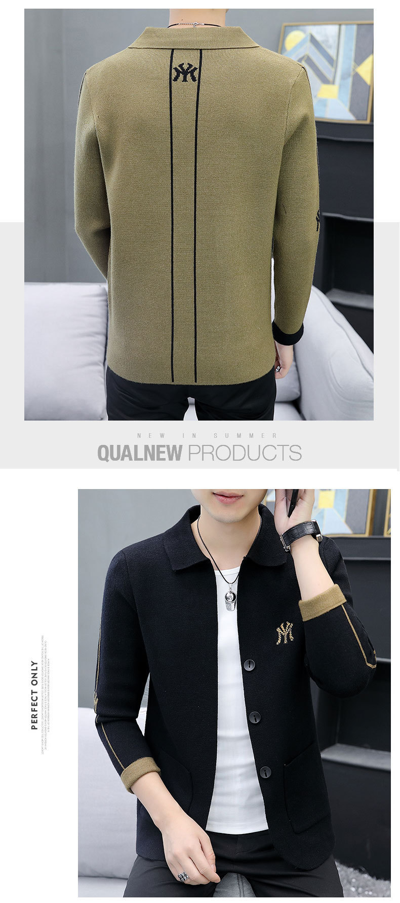 A lapel knitted cardigan for men is a trendy and versatile choice for spring and autumn. It features a personalized embroidered top and a fashionable and casual bag jacket pic 9