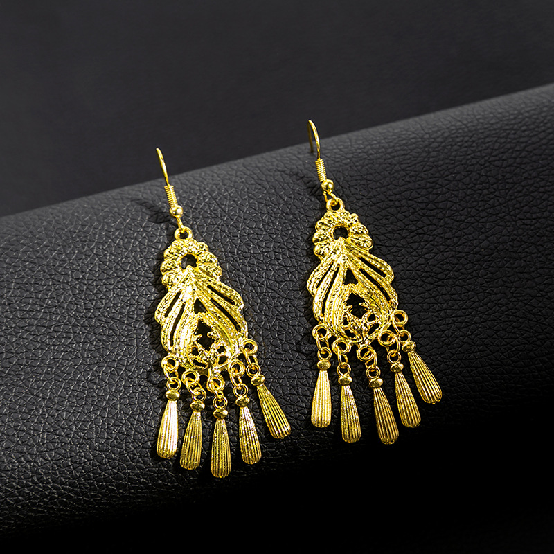 Ethnic-style peacock earrings, golden bell tassel earrings, Bohemian leaf pendants, scenic area earrings wholesale pic 24