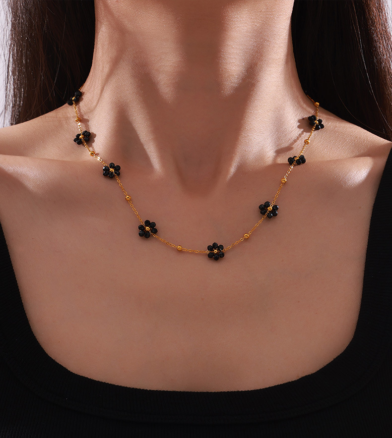 British-style retro, niche, individual, simple and versatile accessories, natural stone beaded, flower-shaped titanium steel jewelry set pic 17