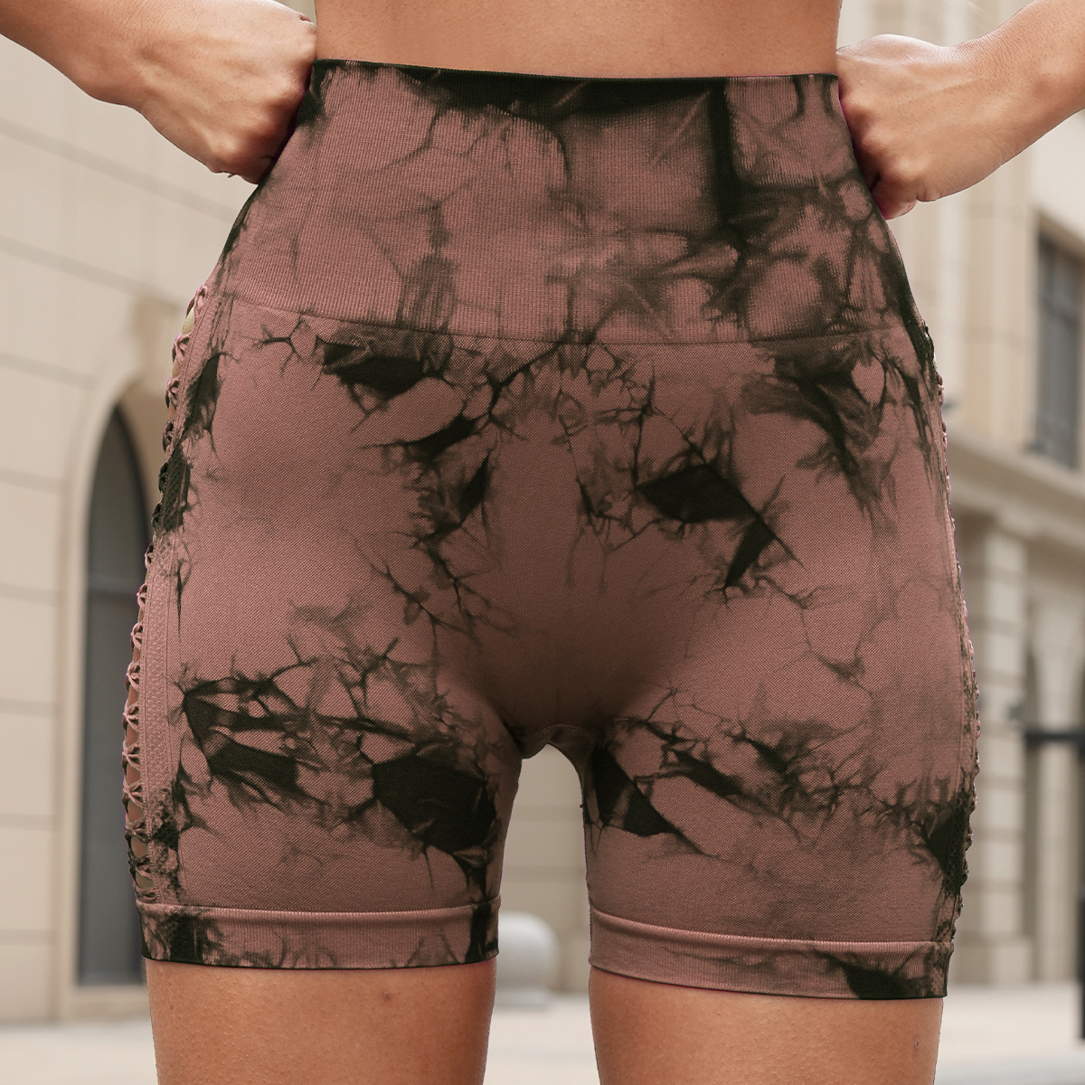 新款扎染瑜伽裤跨境蜜桃提臀侧镂空紧身裤高腰无缝健身运动短裤女详情16