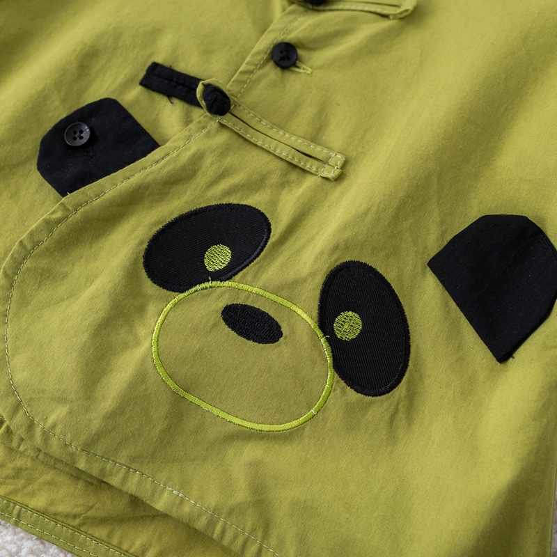 儿童熊猫衬衫短袖短裤两件国风休闲男童潮帅汉服套装班服批发工厂详情8