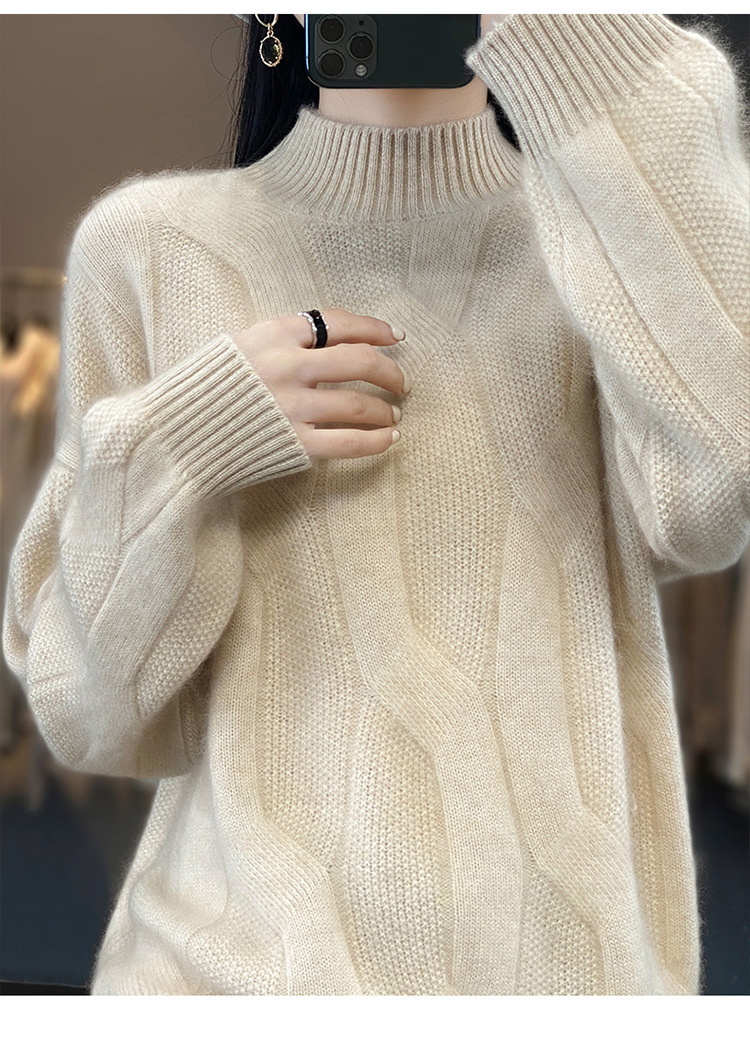 2024 New style 100 wool sweater for women, semi-high neck, thickened with twist, solid color, simple sweater, loose and slimming knitted sweater pic 17