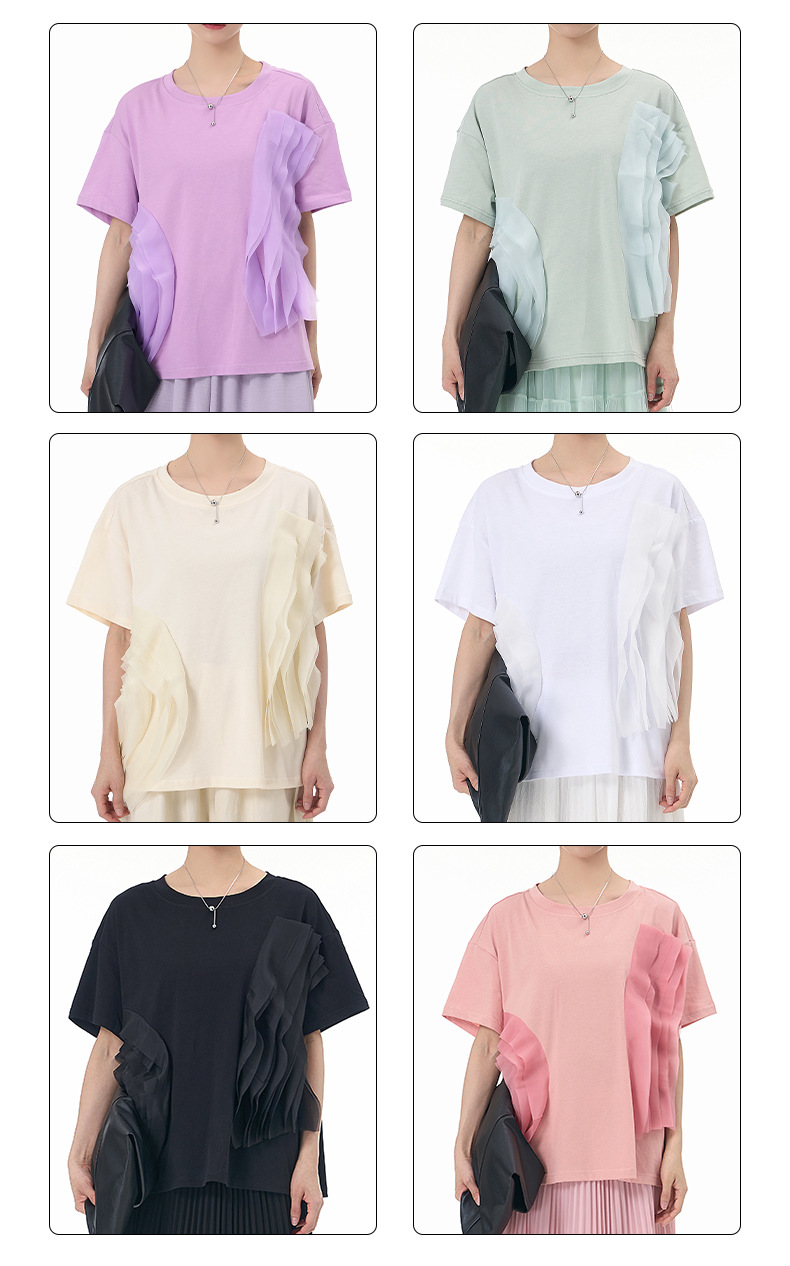 大码女装2025夏新宽松纱网拼接纯棉短袖T恤气质韩版显瘦上衣68852详情2