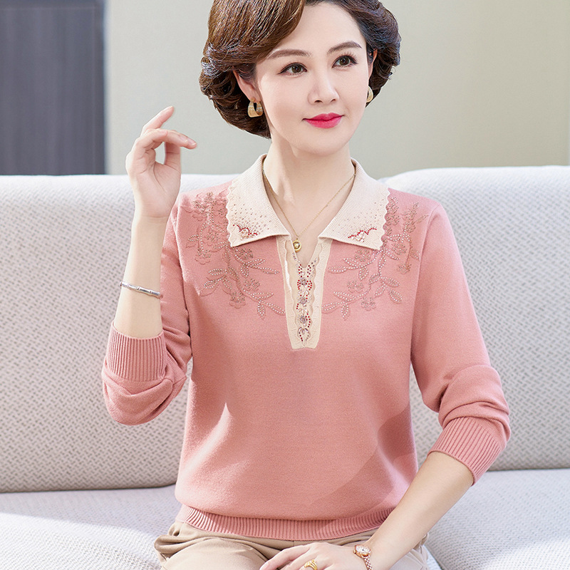 New autumn collection for middle-aged and elderly mothers: Solid color loose knitted pullover sweater with a baby collar for women. 2023 casual mom wear pic 9
