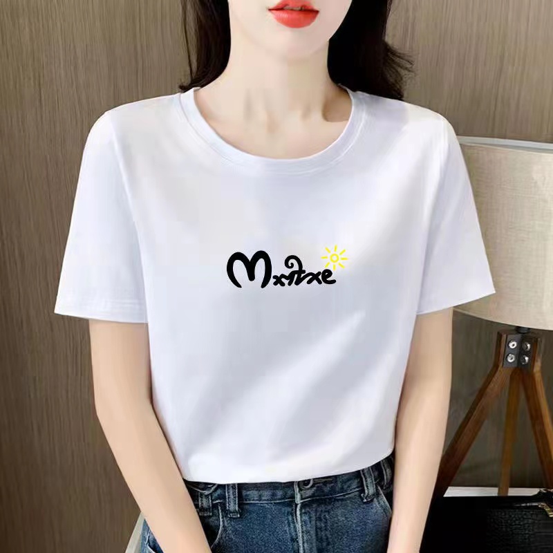 白色女士棉短袖T恤女2023新款夏季小个子体恤正肩大码印花上衣详情36