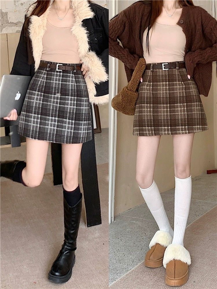 复古格子毛呢半身裙女秋冬款气质遮肚子咖色a字裙学院风时尚短裙详情3